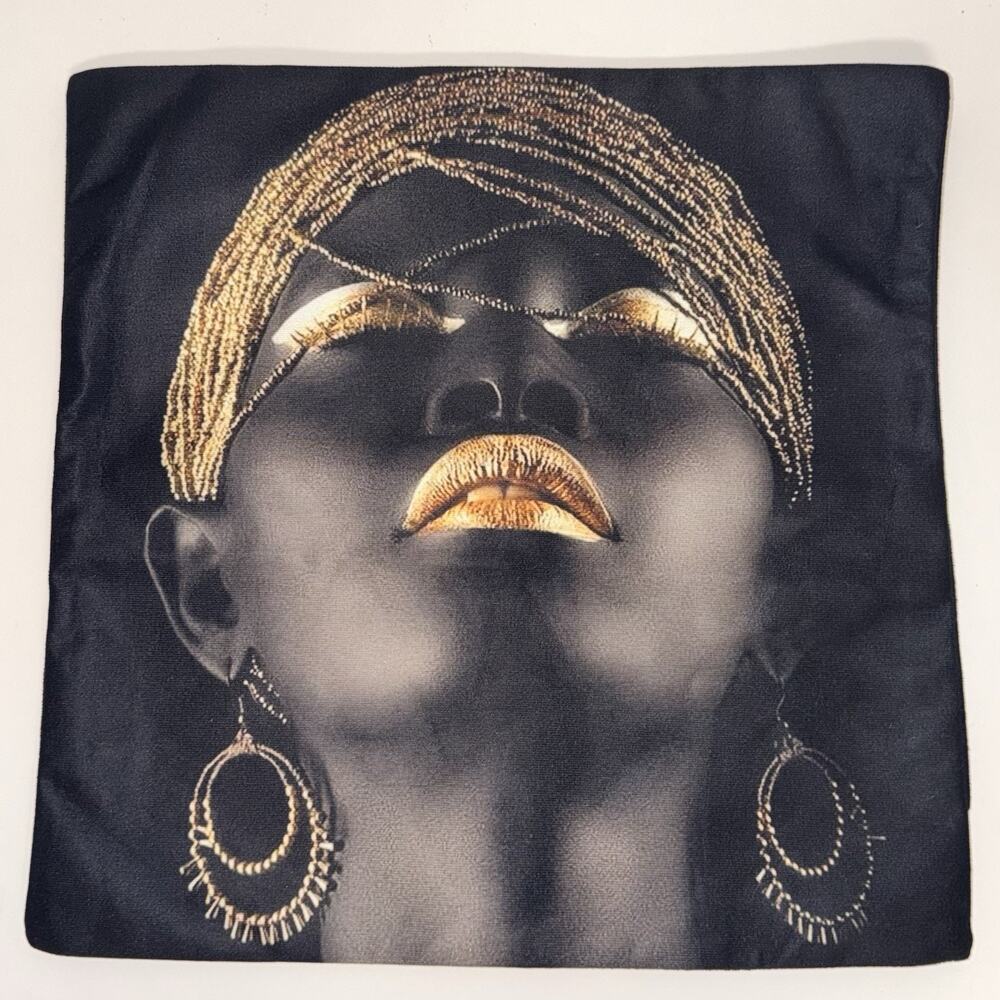 Black Gold African Woman Throw Pillow Case Cover Modern Glam Cushion Art Decor - Picture 2 of 3